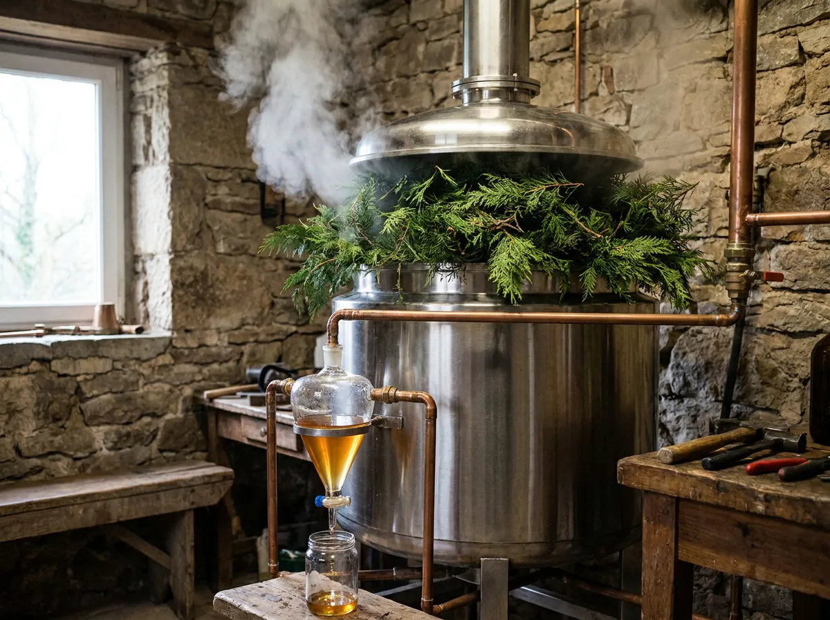 Fresh cypress cuttings packed into a stainless still with steam rising